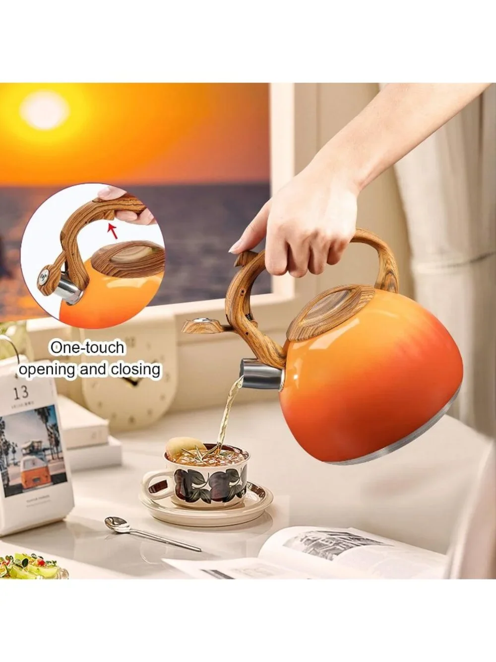 GGC 3.1QT Orange Stainless Steel Whistling Tea Kettle For Kitchen Stove Top